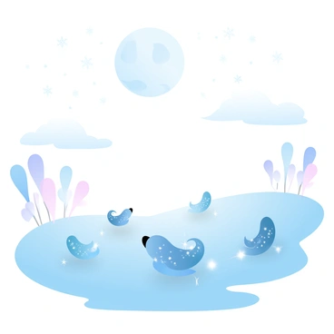 A moonlit landscape features a vast, open field under a bright, full moon. The sky is filled with shimmering stars, creating a cosmic backdrop. In the foreground, several small creatures are scattered across the grass. Each creature has a unique, glowing backside adorned with intricate cosmic patterns resembling galaxies and stars. The creatures are engaged in playful interactions, hopping around and leaving trails of light in their wake. Tall grass sways gently in the night breeze, reflecting the moonlight.