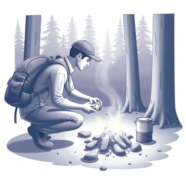 A hiker is crouched on the forest floor, beside a crackling campfire. The hiker, wearing a rugged backpack and outdoor clothing, is focused on opening a can of beans with a metal can opener. The campfire, surrounded by scattered stones, emits a warm glow that contrasts with the shadows of the surrounding trees. Nearby, a small pot hangs over the fire, ready to cook the beans. The forest is dense with tall trees and a carpet of fallen leaves, creating a natural, rustic atmosphere.