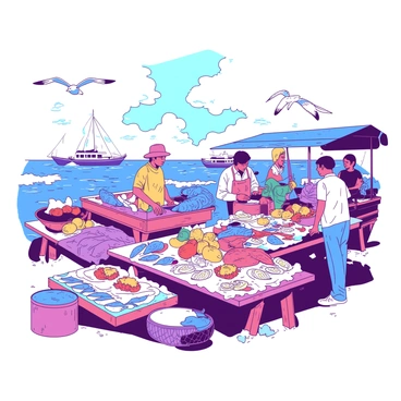 A vibrant fish market along the seashore bustling with activity. Vendors are displaying an array of fresh seafood on wooden tables, including glistening fish and shellfish spread out on ice. Colorful nets are draped around the stalls, adding texture to the scene. Customers are examining the fresh produce, while seagulls circle overhead, searching for scraps. In the background, the waves gently crash against the shore, and fishing boats bob in the water, completing the lively atmosphere of the market.