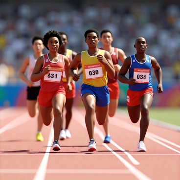 A group of elite runners in an Olympic relay race, positioned on a vibrant athletic track. Each runner has a distinct appearance, showcasing a variety of skin tones and athletic builds. They wear fitted, colorful team uniforms with numbers displayed prominently. The first runner, a woman with short curly hair, is in the process of handing the baton to the next runner, a tall man with a buzz cut. The atmosphere is charged with energy as spectators are visible in the background, blurred to emphasize the focus on the athletes. The sun shines brightly, casting sharp shadows on the track, emphasizing the speed and determination in their expressions as they race toward the finish line.