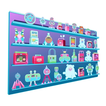 A wall filled with an assortment of arcade game prizes including colorful toys, high-tech gadgets, and plush stuffed animals. The toys include action figures in bright colors, while the gadgets feature sleek designs and vibrant buttons. The stuffed animals vary in size and style, with some wearing playful outfits and others having unique patterns. Each prize is neatly displayed, showcasing their textures and colors against the backdrop of a well-lit game arcade.