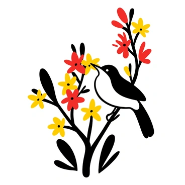 A bird perched on a branch of a blooming grevillea, its body angled toward the vibrant flowers. The bird extends its beak to sip the nectar from a cluster of blossoms. The grevillea branches are adorned with multiple red and yellow flowers, their delicate petals unfolding. Surrounding the scene, there are leaves that add texture and depth to the composition.