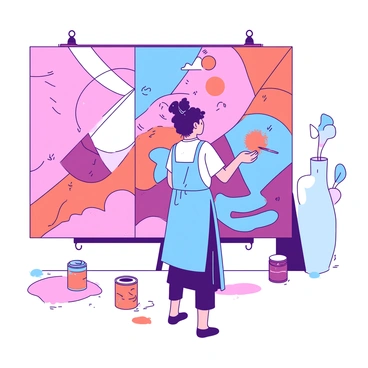 An artist wearing a blue apron is standing in front of a large wall covered in a vibrant mural. The mural features a variety of shapes and patterns in different colors. The artist is holding a paintbrush and is in the process of adding details to the mural. Surrounding the artist, there are splashes of orange and pink paint on the floor and on the wall, creating a lively atmosphere. The artist's hair is tied back, and they are focused intently on their work. A few paint cans in various sizes are scattered around, adding to the creative scene.
