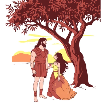 Achilles, a strong Greek warrior with long flowing hair, stands under a large olive tree. He is wearing armor that glistens in the fading light. Beside him, Briseis, a beautiful woman with long hair cascading over her shoulders, looks up at him with a gentle expression. The olive tree's gnarled branches provide shade, with leaves rustling softly in the evening breeze. The warm sunset casts a golden hue over the scene, illuminating the background and creating long shadows. The atmosphere conveys a moment of connection between the two figures, with the olive tree symbolizing peace and tranquility.