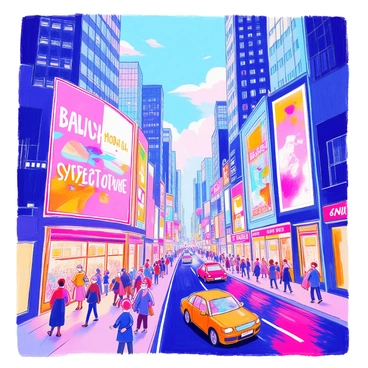 A bustling city center is filled with towering skyscrapers made of glass and steel. Huge holographic advertisements are projected onto the sides of these buildings, displaying vibrant images and dynamic text. The streets below are crowded with people walking, some looking up at the colorful displays. Cars are moving along the busy roads, and the atmosphere is lively with energy. Neon lights from nearby shops contribute to the bright ambiance of the scene.