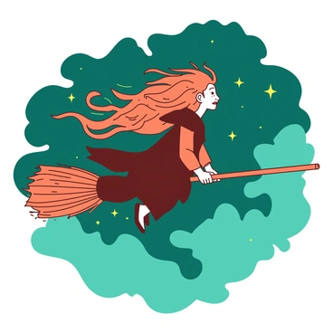 An orange Baba Yaga is flying through the night sky on her broomstick. She has wild, unkempt hair that flows behind her. In the background, swirling teal clouds create a dynamic atmosphere around her. The broomstick is detailed with a long, thin handle and bristles made of twigs, emphasizing her witchy appearance. Stars can be seen peeking through the gaps in the clouds, adding to the mysterious nighttime scene. Baba Yaga wears a tattered dark cloak that billows in the wind as she soars among the clouds.