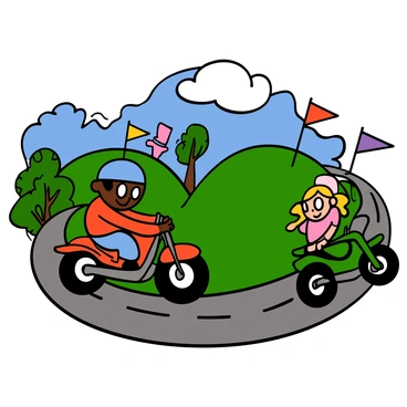 A vibrant animated scene featuring a cartoon motorcycle race. Several cartoon characters of diverse appearances are riding colorful motorcycles across a winding track. One character, a dark-skinned boy with big eyes and a blue helmet, leans forward on a red motorcycle, showing determination. Another character, a light-skinned girl with big eyes and pigtails, rides a green motorcycle, smiling as she speeds ahead. The background consists of bright green hills, blue skies, and whimsical trees, creating an energetic atmosphere. Bright flags line the track, adding to the excitement of the race.