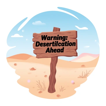 A wooden signpost stands tall in the arid desert landscape. The sign features bold, clear text reading "Warning: Desertification Ahead." The wood is weathered, showing signs of sun damage and age. The sandy ground is scattered with small rocks and dried tufts of grass. In the background, distant dunes rise against a clear blue sky, with soft gradient pastel colors transitioning from deep blue at the top to lighter hues near the horizon. Sparse vegetation can be seen, emphasizing the harshness of the environment. A few wispy clouds float overhead, adding to the vastness of the scene.