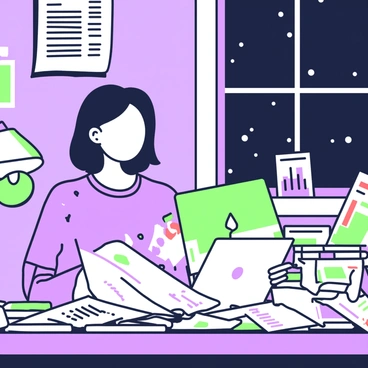 An investigative reporter is sitting at a cluttered desk in a dimly lit room late at night. She has shoulder-length dark hair and is wearing a casual shirt. The desk is filled with scattered documents, some marked with red annotations. A laptop is open in front of her, illuminating her face with a soft glow. She is intently reading a large file, holding a pen in her right hand to take notes. In the background, a wall is lined with various articles pinned up, and a window shows the night sky outside. A desk lamp casts a warm light over her workspace, creating a focused atmosphere.