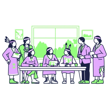 A group of Native American leaders and government officials is gathered around a large wooden table in a negotiation setting. The Native American leaders are dressed in traditional attire, featuring intricate beadwork and feathers. Several of them are sitting, while others are standing, engaged in discussion. The government officials are in business suits, holding documents and speaking among themselves. On the table, there are papers with maps and notes, along with a glass of water. The room is adorned with historic photographs and flags, contributing to the atmosphere of diplomacy. In the background, a large window reveals a view of trees and landscape outside.
