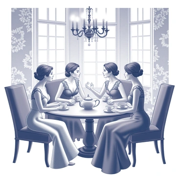 A gathering of fashionable society ladies is seated around an elegant round table in an opulent parlor. Each lady wears a distinct, stylish gown featuring intricate lace and fabric details. The table is adorned with an assortment of delicate china teacups and a polished teapot, steam gently rising from the spouts. Ornate wallpaper and a grand chandelier overhead contribute to the luxurious ambiance. In the background, tall windows let in soft light, illuminating the plush velvet seating and the exquisite floral arrangements that enhance the sophisticated atmosphere.