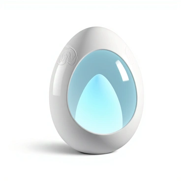 A high-tech egg, made of transparent material, displaying a sleek and smooth exterior. The shell of the egg has a futuristic design with subtle circuit patterns etched into its surface. Inside the egg, a glowing core radiates a soft blue light, illuminating the interior with a mesmerizing glow. The light pulses gently, casting reflections and highlights on the outer shell, creating an ethereal atmosphere around the egg. The egg is positioned on a minimalist surface, showcasing its elegance and technological sophistication.