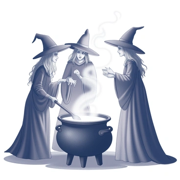 Three witches gathered around a large, bubbling cauldron. Each witch has distinct features, with long, flowing robes that drape elegantly around them. One witch, on the left, is stirring the cauldron with a long wooden spoon, while another witch leans closer, peering into the cauldron with a curious expression. The third witch stands slightly back, with her hands raised as if casting a spell. Swirling, mystical fumes rise from the cauldron, creating a layered effect that envelops the scene in an air of mystery. The setting is dark, with shadows playing across the background, emphasizing the witches and their cauldron.
