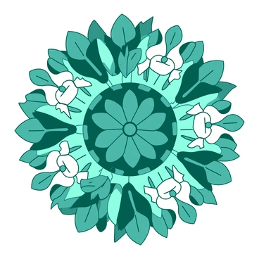 A teal mandala design made entirely of various flowers and leaves, showcasing intricate symmetry in its pattern. The outer layers are formed with delicate petals of different flowers, while the inner sections are filled with detailed leaf shapes radiating outward. Each element is arranged in a harmonious pattern that emphasizes the symmetry of the design. The overall composition creates a sense of balance and unity among the floral and leafy details.