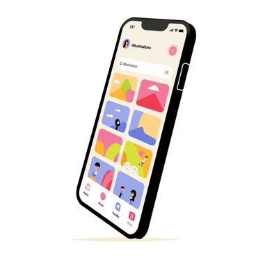 A smartphone with a sleek design and a glossy black finish is shown upright. The screen prominently displays a digital illustration marketplace app interface. The app features a grid layout showcasing various colorful illustrations, each enclosed in a rectangular frame. Some illustrations depict whimsical characters and vibrant landscapes. At the top of the screen, there is a search bar with the text "Search for illustrations" along with a magnifying glass icon. The bottom of the screen includes navigation icons for "Home," "Favorites," and "Profile," each represented by recognizable symbols. The overall color scheme of the app is bright and inviting, with a mix of pastel colors and bold accents.