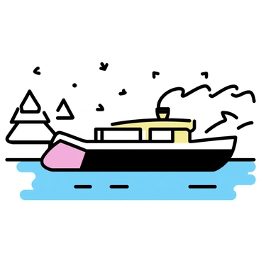 A canal barge moving through a snow-covered landscape. The barge has dark wood siding and a colorful bow. In the background, there are snow-laden trees and hills. Snowflakes are gently falling around the scene, landing softly on the barge and the surrounding ground, creating a peaceful winter atmosphere.