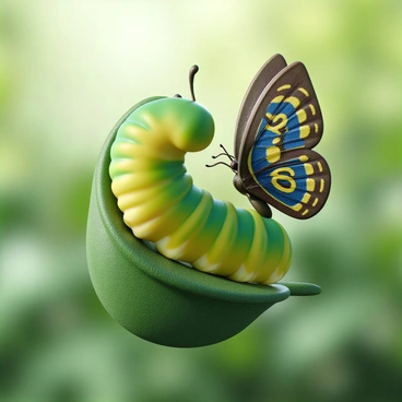 A caterpillar with vibrant green and yellow stripes is in the process of transforming into a butterfly. It is perched on a leaf, with its body partially enclosed in a chrysalis that displays a glossy texture. Emerging from the chrysalis is a majestic butterfly, its wings unfurling gracefully. The wings are adorned with intricate "ROI" symbols, rendered in a bold and striking design, with a mix of blue and gold colors enhancing their visibility. The background features soft, blurred greenery, focusing attention on the caterpillar and butterfly.