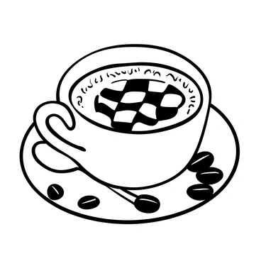 A close-up view of a latte in a white ceramic cup, featuring intricate "checkered chessboard" pattern created with frothy milk. The cup is placed on a smooth wooden table. Surrounding the cup are scattered coffee beans, and a small silver spoon rests beside it. The overall composition emphasizes the detailed latte art, showcasing the contrast between the dark coffee and the light froth.