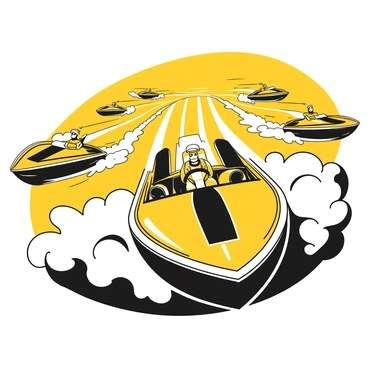 A speedboat racing across the ocean with powerful waves splashing to the sides. The boat is sleek and streamlined, featuring a shiny black hull with yellow accents. In the driver's seat is a person wearing a helmet and life jacket, gripping the steering wheel tightly. Surrounding the boat are multiple other speedboats, creating a dynamic competition scene. The water is choppy and white-capped, emphasizing the intensity of the race. In the background, the horizon stretches wide under a clear sky.
