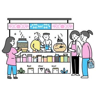 A vibrant tea stall in a bustling market, featuring an array of colorful jars filled with various loose-leaf teas and herbs. The stall is adorned with decorative fabrics displaying intricate patterns in bright colors. Several customers are gathered around the stall, with one person inspecting a jar of green tea, while another is discussing with the vendor, a middle-aged person wearing a traditional apron. Different types of tea leaves are visible, such as chamomile, mint, and various fruit blends, creating an inviting atmosphere. A few herbs like basil and rosemary are arranged alongside the teas, adding to the variety.