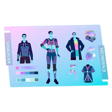 A futuristic character customization screen filled with a variety of outfits and accessories. The screen shows a central 3D model of a character with a sleek, metallic body. There are multiple tabs on the side displaying different categories: "Armor," "Casual Wear," and "Accessories." Each outfit features vibrant colors and intricate designs, such as a high-tech exosuit with glowing accents, a casual hoodie with digital patterns, and a stylish jacket with holographic elements. Accessories include helmets with visors, futuristic glasses, and cybernetic arm enhancements, each reflecting light in various ways. Below the character, a selection of color palettes offers options to customize the appearance further. The background is a soft gradient that enhances the focus on the customization elements.
