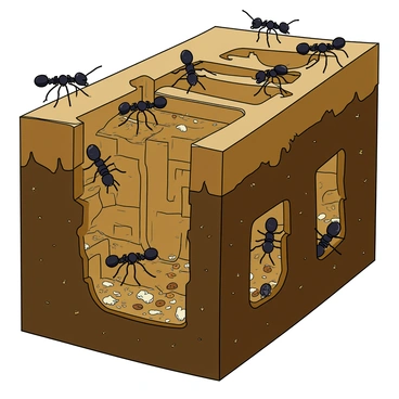 A cross-section view of an ant colony revealing a network of intricate tunnels and chambers. The tunnels are narrow and winding, connecting various chambers. Some chambers are larger and contain clusters of ants engaged in different activities, such as carrying food and tending to their larvae. The soil surrounding the tunnels is dark brown, with small particles that indicate the texture of the earth. Several ants, with shiny black bodies and six legs, are visible throughout the colony, showcasing their busy and organized behavior. A few pieces of food, like small seeds and crumbs, are scattered in one of the chambers, indicating the colony's food storage area.