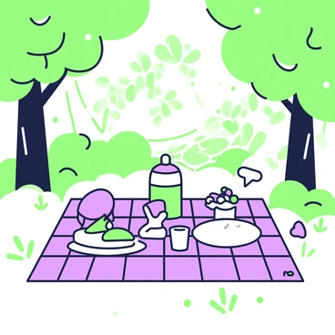 A picnic spread is laid out on a checkered blanket positioned on the ground. The blanket features alternating patterns of squares. On the blanket, there is an assortment of food items, including a round loaf of bread, a wedge of cheese, and a variety of fruits such as grapes and strawberries. A thermos and a couple of cups sit among the food, and a folded napkin adds to the arrangement. Surrounding the picnic scene are tall trees, their leaves forming a natural canopy overhead, allowing dappled sunlight to filter through, creating playful patterns on the ground. In the background, a gentle stream can be seen flowing calmly, enhancing the serene atmosphere of the forest clearing.