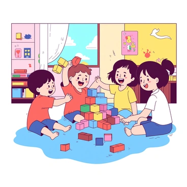 A group of cheerful preschoolers are sitting on a soft blue carpet in a brightly lit classroom. They are playing a counting game with a variety of colorful blocks scattered around them. Each child is focused, with one child holding a yellow block up high to show their friends. Another child is arranging a stack of red blocks, while the third one is counting blocks on the floor. The atmosphere is lively with laughter and excitement as they engage in their game. On the walls, there are colorful educational posters that add to the playful environment.
