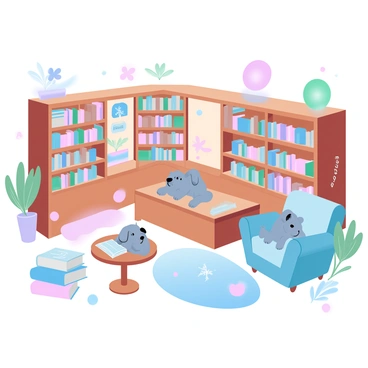 A quaint bookstore filled with balloon dog reading scenes