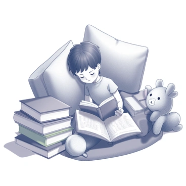 A child is curled up in a cozy nook, nestled among soft cushions and a warm blanket. The child's head rests against the cushions, and a look of concentration is on their face as they hold a book open in their lap. A stack of colorful storybooks is arranged beside them, some leaning against each other while others are partially opened. The nook is surrounded by a collection of plush toys and whimsical decorations, creating an inviting atmosphere perfect for reading. The light is gentle, casting soft shadows that enhance the comfort of the scene.
