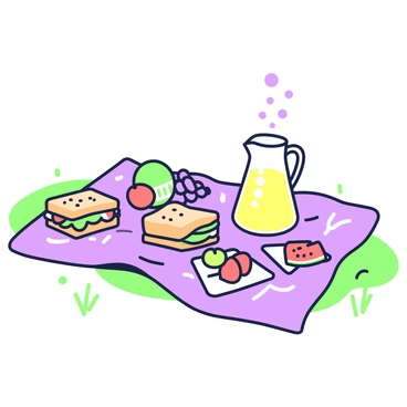 A picnic blanket is spread out on the grass. On the blanket, there are several neatly arranged sandwiches, showcasing various fillings. Next to the sandwiches, a selection of fresh fruits is displayed, including slices of watermelon, grapes, and apples. A pitcher of lemonade sits prominently on the blanket, with condensation forming on its surface. Surrounding these items, a couple of colorful paper plates and napkins are visible, adding to the picnic setting.