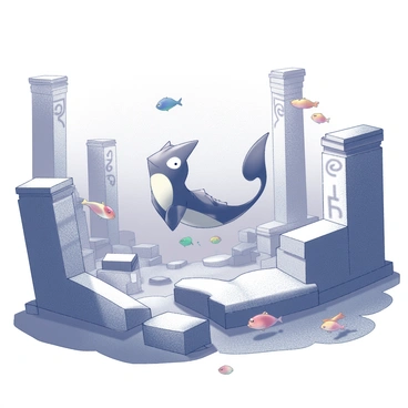 A "Greninja" is swimming gracefully through a network of ancient underwater ruins. The ruins feature crumbling stone pillars and intricate carvings that hint at a long-lost civilization. The water is clear, allowing for visibility of the vibrant fish that dart around the ruins. The fish vary in size and shape, creating a lively scene as they swim in and out of the shadows cast by the structures. The overall atmosphere is one of exploration and discovery in this submerged world.