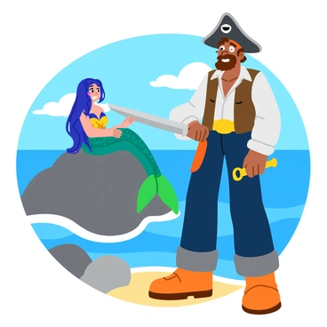A rugged pirate wearing a tattered hat and an eyepatch stands on a rocky shore, gazing in awe. His weathered face shows a mix of surprise and fascination as he looks at a stunning mermaid sitting gracefully on a large rock by the sea. The mermaid has long, flowing hair shimmering in shades of blue and green. Her iridescent tail sparkles in the sunlight, with vibrant scales catching the light. The background features gentle waves lapping at the shore and a clear blue sky dotted with fluffy clouds. The pirate's hand rests on the hilt of his sword, emphasizing his captivated state.