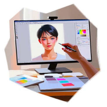 A digital portrait displayed on a computer screen shows a person with medium skin tone and short black hair. The portrait features vibrant blue eyes and a slight smile. The editing software interface is visible with various sliders for adjusting "lighting" and "color" settings. A hand is hovering over the mouse, poised to make adjustments. The workspace around the screen includes a drawing tablet, color swatches, and a notepad with sketched ideas.