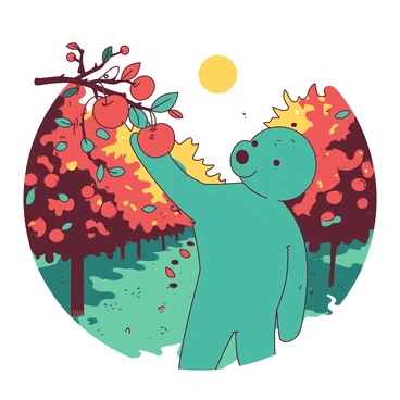A teal slowboy with a gentle expression is stretching his arm towards a cluster of ripe red apples hanging from a branch. The orchard is filled with trees laden with bright red and green leaves, showcasing the vibrant colors of autumn. The sun casts warm light across the scene, illuminating the slowboy’s features and the surrounding greenery. A soft breeze rustles the leaves, creating a serene atmosphere in the lush orchard.