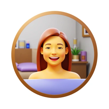 A smiling client looking in a mirror, admiring their glowing skin after microneedling.