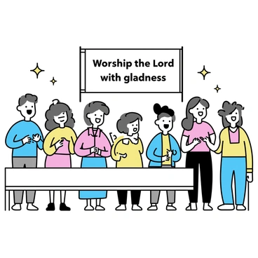 A diverse group of people joyfully singing together in a church, with a Bible verse about worship displayed on a banner.