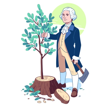 A young George Washington is standing confidently beside a small cherry tree that has been chopped down. He is holding a shiny hatchet in his right hand, with a determined expression on his face. The cherry tree stump lies on the ground, showing the fresh wood inside, and there are several fallen branches scattered nearby. Washington is dressed in colonial attire, complete with a dark blue coat and a white shirt, and his hair is styled in a typical 18th-century fashion. Soft sunlight filters through the leaves, casting gentle shadows around the scene.