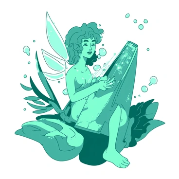 A teal tooth fairy with delicate wings is gracefully playing a harp made of silver strings. The harp has intricate designs carved into its body, reflecting light. Surrounding her are small, glowing orbs that hover gently in the air, casting a soft illumination. In the background, there are lush green leaves softly swaying, creating a sense of tranquility. The fairy's expression is joyful as she immerses herself in the music.