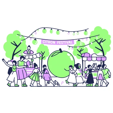 A bustling festival scene dedicated to celebrating citrons takes place in an open square. Colorful decorations adorn the area, including strings of green and purple lanterns hanging between trees and vibrant banners featuring "CITRON FESTIVAL" in bold lettering. People in elaborate costumes are mingling, with some wearing outfits adorned with citron motifs, displaying intricate designs of the fruit. Stalls shaped like giant citrons are set up around the square, where vendors are selling citron-themed treats and drinks. In the center, a large green and purple sculpture of a citron serves as a focal point, surrounded by joyful festival-goers dancing and celebrating.