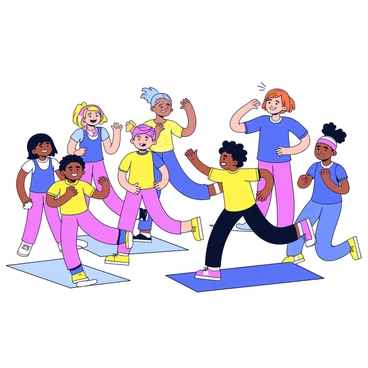 A group of young kids engaged in a lively exercise class. The children are wearing colorful athletic outfits, with some in bright t-shirts and others in patterned leggings. They are performing various energetic activities, such as jumping, stretching, and dancing. The expressions on their faces show excitement and joy. In the background, there are exercise mats scattered on a wooden floor, and some have water bottles nearby. A cheerful instructor is guiding them with a big smile, encouraging their active participation.