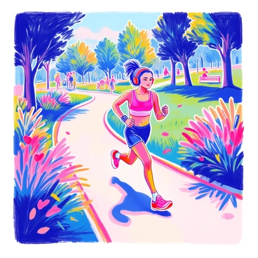 A jogger is running along a winding path in a park. The jogger has a focused expression and is wearing athletic clothing, including a bright colored tank top and shorts. Headphones cover their ears, providing a sense of immersion in music or an audiobook. On their wrist, a sleek fitness tracker displays data about their workout. The park is filled with green trees and colorful flowers lining the path, and there are a few people in the background enjoying the outdoors. The sun is shining, casting soft shadows on the ground.