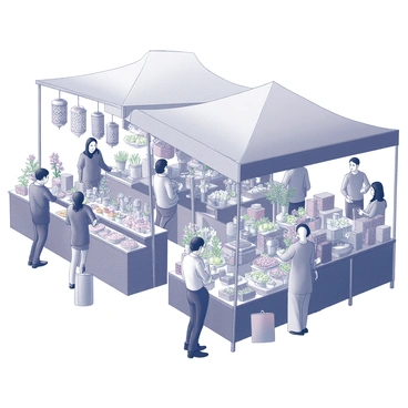 A lively Tet market scene filled with vendors selling decorations, food, and gifts, bustling with shoppers.