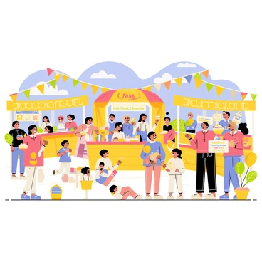 A lively yuzu festival scene depicting a vibrant outdoor setting filled with colorful decorations. Numerous people are gathered, engaging in various yuzu-themed games, such as a ring toss and a pie-eating contest. Stalls are set up with bright yellow banners and intricate yuzu designs, showcasing an array of yuzu-flavored foods, including pastries and drinks. Children are joyfully playing with yuzu-shaped balloons, while adults sample delicious yuzu dishes. The atmosphere is filled with laughter and excitement, all under a bright blue sky adorned with a few fluffy clouds.