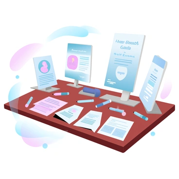 An art set displayed on a wooden table. The set includes several colorful educational brochures spread out, with illustrations related to breast health and self-exams. There are also posters standing upright, featuring clear graphics and informative text on breast health awareness. The background includes a subtle gradient of pastel colors, enhancing the focus on the brochures and posters. A few art supplies like colored pencils and markers are scattered around, suggesting that this is a creative space for learning and engagement.