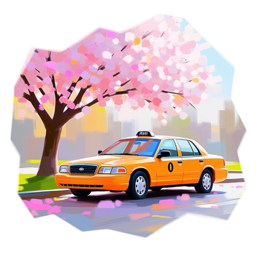 A taxi beneath a canopy of blooming cherry blossoms in a city park