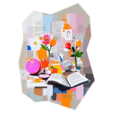 A creative collage displayed on an A3 illustration board features an array of magazine cutouts and hand-drawn illustrations. The composition includes vibrant images of flowers, animals, and abstract shapes, interspersed with intricate sketches of various objects. Each magazine cutout is carefully positioned next to the drawings, creating a harmonious blend of textures and colors. The collage showcases a variety of fonts and phrases cut from magazines, adding a dynamic element to the artwork. The overall arrangement is visually engaging, inviting viewers to explore the interactions between the cutouts and the drawings.