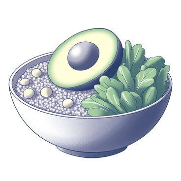 A bowl filled with a mixture of cooked quinoa at the base. On top of the quinoa, there is a sliced avocado arranged in a fanned pattern, showcasing its smooth texture. Next to the avocado, there are several chickpeas scattered, adding round shapes to the composition. A generous portion of fresh, leafy greens, such as spinach and kale, fills the bowl, creating a vibrant contrast against the quinoa and other ingredients. The bowl itself is simple and reflects an earthy aesthetic, emphasizing the freshness of the ingredients.