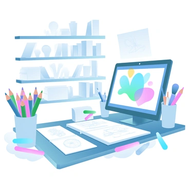 An illustrator's desk is cluttered with a variety of colorful pencils arranged in a holder. Several open sketchbooks are scattered across the surface, displaying hand-drawn sketches. A computer screen glows brightly, showcasing a vibrant digital drawing in progress. The background features a neatly organized shelf filled with art supplies and reference books. An assortment of brushes and markers is also visible on the desk, adding to the creative atmosphere.
