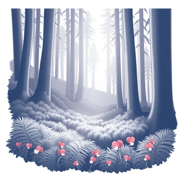 A dense forest filled with towering trees extending towards the sky. The ground is carpeted with lush ferns surrounding clusters of "bleeding heart flowers," which are prominently scattered throughout the forest floor. Sunlight filters through the tree canopy, creating a play of light and shadow on the greenery. The scene conveys a sense of tranquility and natural beauty, with the flowers adding a delicate touch to the rugged environment.